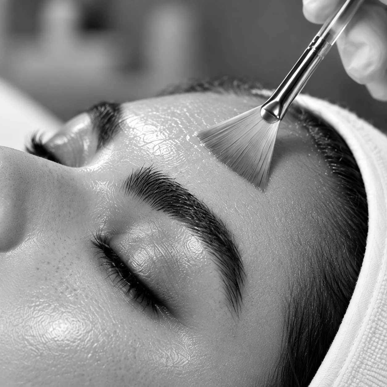 Chemisches Peeling: Auftragen mit einem Pinsel auf die Stirn